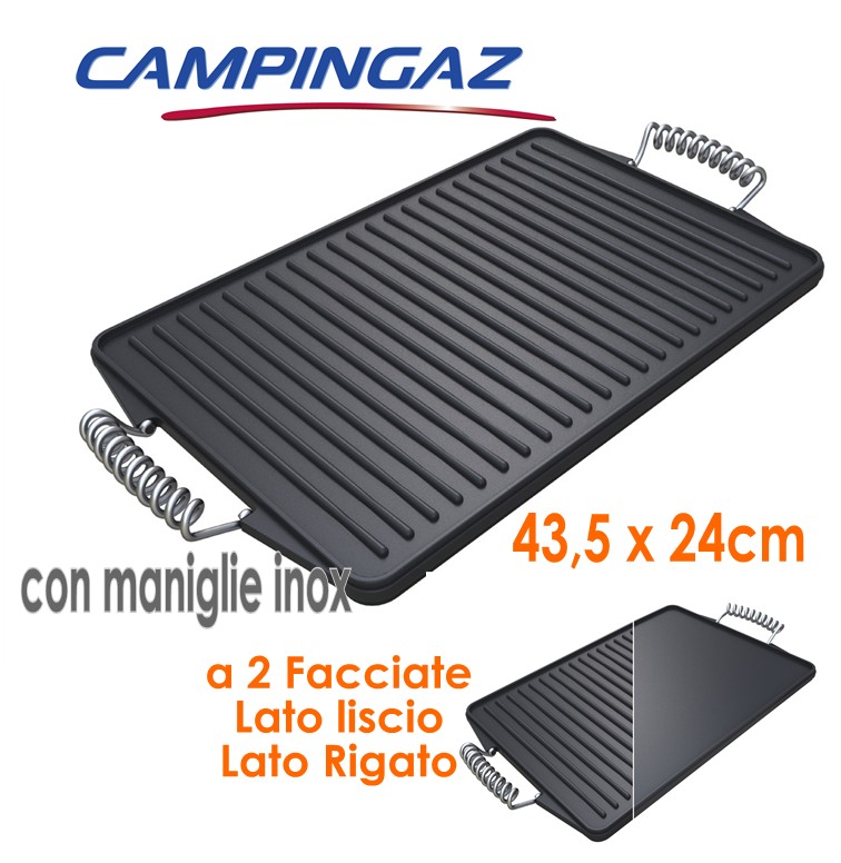 PIASTRA IN GHISA con maniglie, Reversibile Campingaz Area Grill: 43.5 x 24 cm Un lato è liscia per il massimo contatto, l'altro lato è scanalata per un perfetto disegno