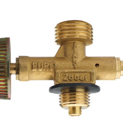 Rubinetto per bombola attacco camping FRANCESE uscita verticale con valvola di riempimento/sicurezza SFIATO W20x1/14 SX M taratura VS 26 bar