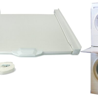 KIT COLONNA SOVRAPPOSIZIONE ASCIUGATRICE A LAVATRICE  - codice di paragone 484000008436 BIANCO. PER LAVATRICI 60X60CM. CON RIPIANO SCORREVOLE E CON CINGHIA A CRICCHETTO.